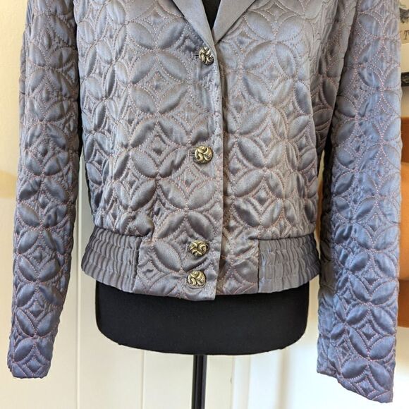 Jacques Vert 6 Gray Quilted Embroidered Geometric Bomber Jacket Vintage Boho - Picture 4 of 11